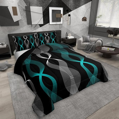 Erosebridal Teal and Black Toddler Comforter Set for Men, Teal Striped Boho Abstract Bedding Set for Boys Adults, Contemporary Aesthetic Line Comforter, Modern Gradient Geometric Stripes Quilt