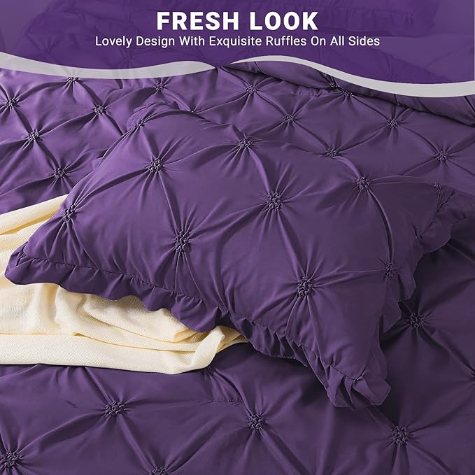 JOLLYVOGUE Purple Twin Size Comforter Sets 5 Pieces, Pintuck Bed in a Bag Comforter Set for Bedroom, Bedding Comforter Sets with Comforter, Sheets,Ruffled Shams & Pillowcases