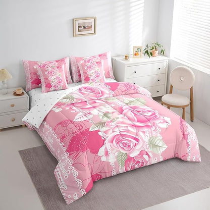 Feelyou Rose Comforter Set Full Size 7 Pieces Rose Floral Flower Bedding Set for All Season Romantic Pink Vintage Garden Flower Bed in a Bag with Comforter, Sheets, Pillowcases & Cushion Cover