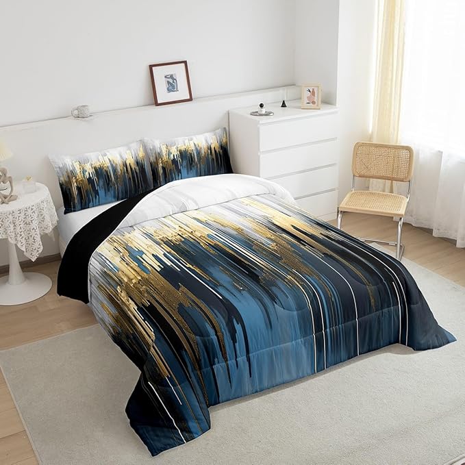 Erosebridal Navy Blue Comforter Full Gradient Brush Marks Bedding Set, Watercolor Stripe Aesthetic Down Comforter Greyish White Ombre Bed Set, Vintage Contemporary Quilted Duvet 3pcs