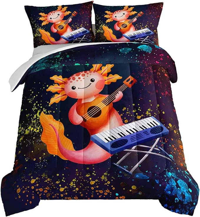 HOSIMA Axolotl Bedding Set for Kids Bedroom Decor,Cute Cartoon Axolotl and Colorful Background Kawaii Bedding Set for Girls Kids,Cartoon Sea Animals Axolotl Twin Comforter with 2 Pillowcase