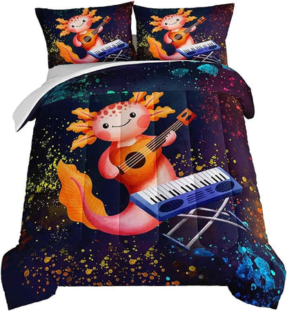HOSIMA Axolotl Kids Bedding Set - Cute Cartoon Axolotl and Colorful Background-Sea Animals Queen Comforter with 2 Pillowcase