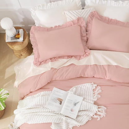 Andency Blush Ruffle Comforter Oversized Queen(98x98Inch), 3 Pieces(1 Ruffled Comforter and 2 Pillowcases) Solid Farmhouse Shabby Chic Bed, Vintage Rustic Soft Microfiber Bedding Set