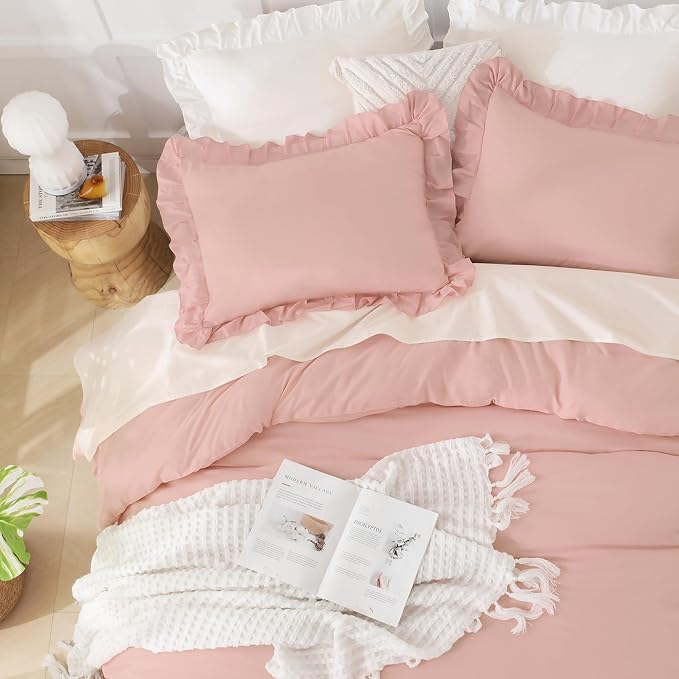 Andency Blush Ruffle Comforter Set, 2 Pieces Kids Comforter Set Twin(66x90Inch), Farmhouse Shabby Chic Comforter Set, Soft Microfiber Kids Bedding Set