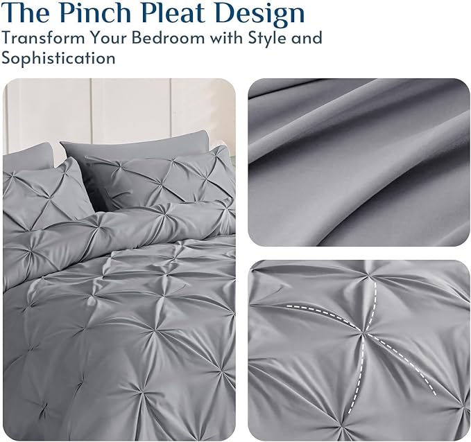 JOLLYVOGUE California King Comforter Set 7 Pieces - Bed in a Bag Cal King for All Season, Pintuck Bedding Comforter Sets with Comforter, Flat Sheet, Fitted Sheet and Pillowcases & Shams, Light Grey