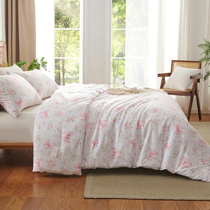 Pink Bow Comforter Set Queen 3Pcs Pink Floral Bedding Set for Girls Kids Cute Romantic Princess Style Bowknot Bedding Ultra Soft Garden Flower Comforter Sets with 2 Pillowcases