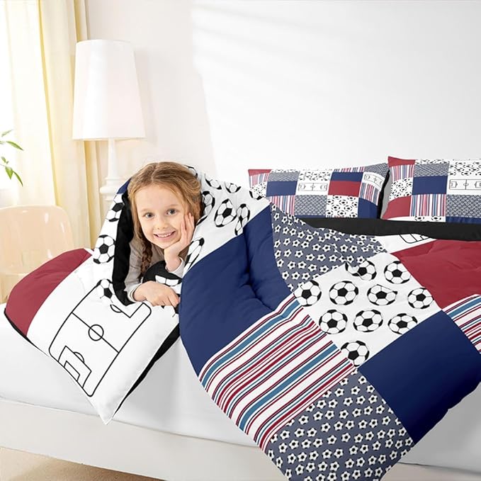 Feelyou Football Comforter Set All Season Rugby Sports Bedding Set with 2 Pillow Cases Soccer Ball Game Kids Queen Bedclothes Gift for Football Lover Bedroom Decor Navy Blue Duvet QuiltSoft