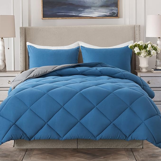 Decroom Lightweight King Comforter Set with 2 Pillow Sham - 3 Pieces Set - Quilted Down Alternative Comforter/Duvet Insert for All Season - Grayish Blue/Grey - King Size
