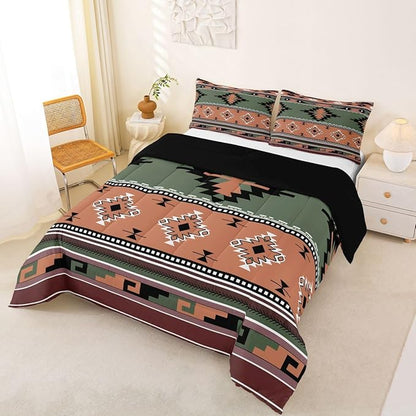 Erosebridal Western Decor,Vintage Exotic Indian Geometric Bedding Set Boho Western Comforter Set King,Ethnic Tribal Arrow Quilt Aztec Duvet Insert,Rustic Farmhouse Home Decor Green Brown