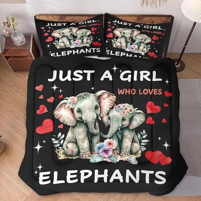 Queen Size Comforter Set with 2 Pillowcases, Cute Animal Elephant 3 Pcs Bedding for Kids and Adults, Funny Watercolor Flower Soft Comforter Set for Bedroom Bed Decor