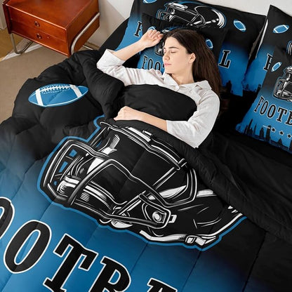 Erosebridal American Soccer 7 Piece Bedding Set Football City King Comforter Set with Sheets for Kids Boys Teen,Rugby Sports Games Bed in A Bag Black Blue Sheet Set with Comforter