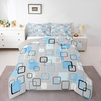 Erosebridal Cool Blue Geometric Square Kids Comforter Sets Abstract Minimalist Stripes Full Bedding Set for Girls Boys Modern Plaid Comforter Set Checkered Aesthetic Quilt Duvet 3 Pcs