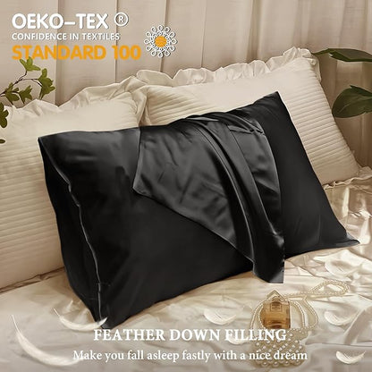BHZ Black Satin Goose Down Feather Pillows Queen Size Set of 2 with Black Satin Pillowcase for Hair and Skin, Cooling Pillow Cases Similar to Silk Pillow Cases, Decor for Women, Mom