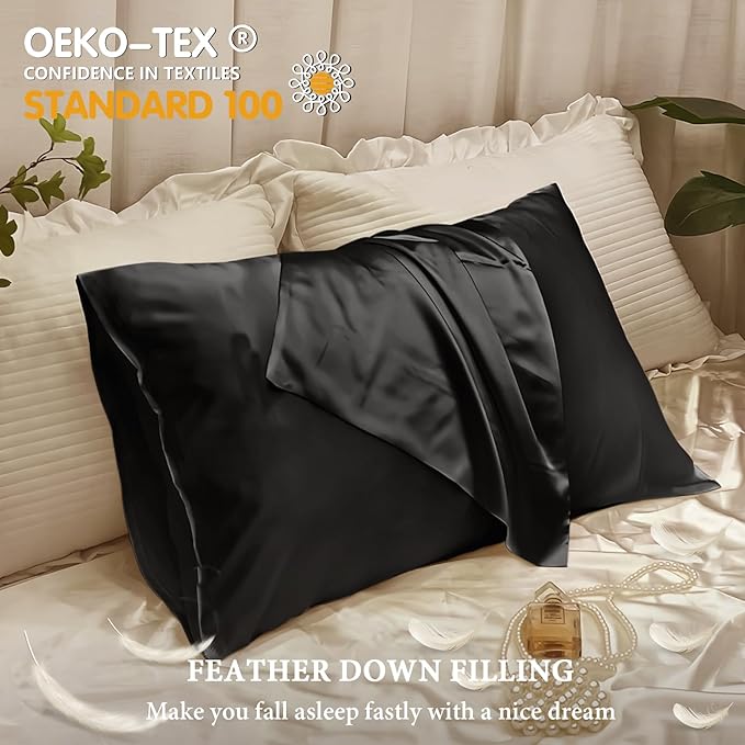 BHZ Black Satin Goose Down Feather Pillows King Size Set of 2 with Black Satin Pillowcase for Hair and Skin, Cooling Pillow Cases Similar to Silk Pillow Cases, Decor for Women, Mom