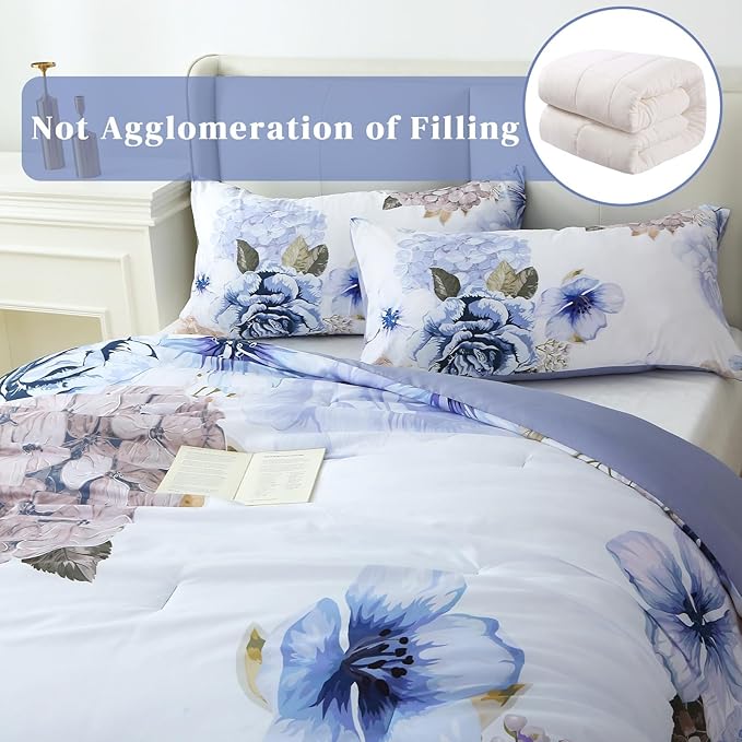 Floral Comforter Set King Size, 3 Pieces Elegant Blue Floral Bed in a Bag, Soft Microfiber Botanical Flower Bedding Set with 2 Pillowcases for All Season 104"×90"