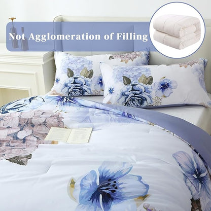 Floral Comforter Set King Size, 3 Pieces Elegant Blue Floral Bed in a Bag, Soft Microfiber Botanical Flower Bedding Set with 2 Pillowcases for All Season 104"×90"
