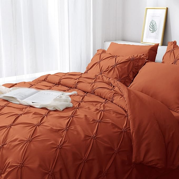 JOLLYVOGUE Burnt Orange Twin Size Comforter Sets 5 Pieces, Pintuck Bed in a Bag Comforter Set for Bedroom, Bedding Comforter Sets with Comforter, Sheets,Ruffled Shams & Pillowcases