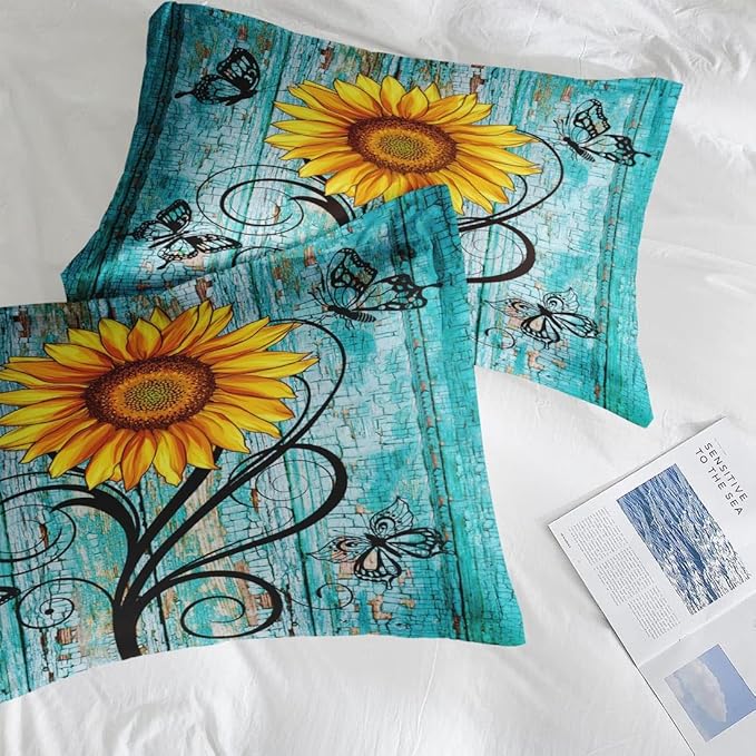 Comforter Set King Size, Rustic Yellow Sunflower 3 Pcs Soft Bedding Set for Kids and Adults, Teal Wood Wooden Floral Comforter Set with 2 Pillowcases, for Bedroom Bed Decor