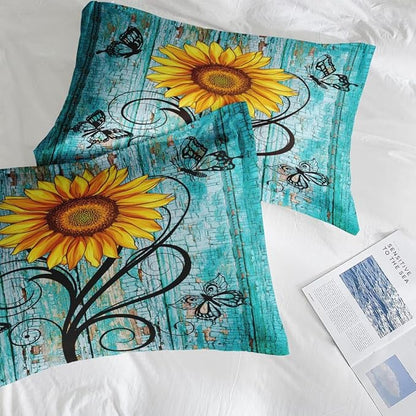 Comforter Set Twin Size, Rustic Yellow Sunflower 2 Pcs Soft Bedding Set for Kids and Adults, Teal Wood Wooden Floral Comforter Set with Pillowcase, for Bedroom Bed Decor