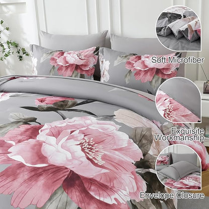 Dobuyly Pink and Grey Comforter Set Full Size 7 Piece Bed in a Bag, Floral Printed on Gray Full Comforter Set with Sheets, Soft Microfiber Botanical Complete Bedding Set for All Season