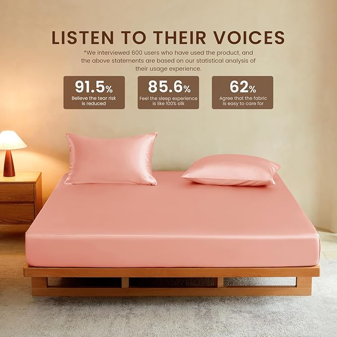 THXSILK Luxury Mulberry Silk Fitted Sheet Set 3 Pcs, King Silk Bed Sheet Set with 16" Deep Pockets, Soft & Cooling Sheets, 1 Fitted Sheet, 2 Pillowcases with Zipper Closure - Charming Pink