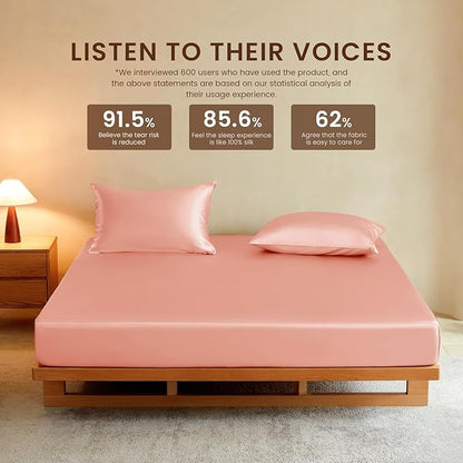 THXSILK Luxury Mulberry Silk Fitted Sheet Set 3 Pcs, Queen Silk Bed Sheet Set with 16" Deep Pockets, Soft & Cooling Sheets, 1 Fitted Sheet, 2 Pillowcases with Zipper Closure - Charming Pink