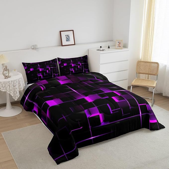 Erosebridal Geometric Violet Black Comforter Set,Light Honeycomb 3 Piece Bedding Set Full Size for Teen Boys,Modern Bedding Quilt Decor,Microfiber Lightweight 1 Comforter 2 Pillowcases
