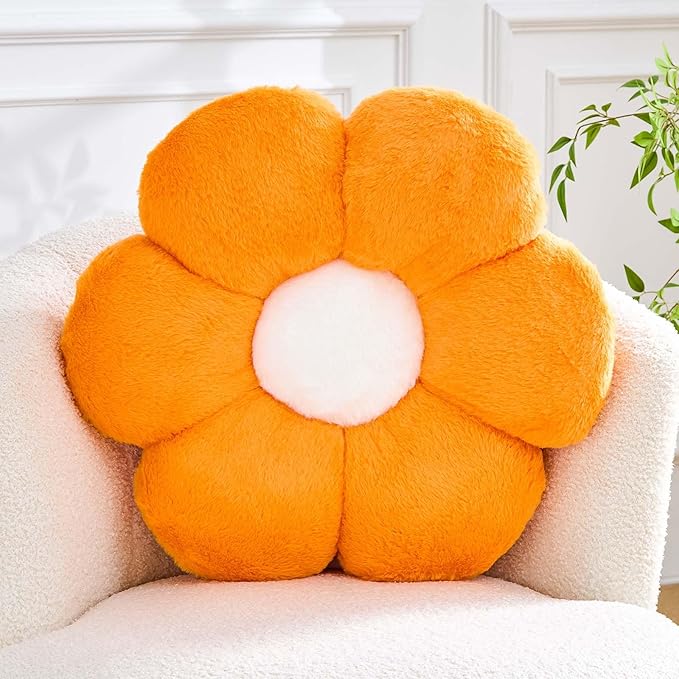 Flower Pillow Cute Decorative Throw Pillow with Faux Rabbit Fur Soft Daisy Plush Floor Cushion Aesthetic Flower Shaped Pillow Home Decor for Bed Sofa Couch (Orange 14.9 Inch)