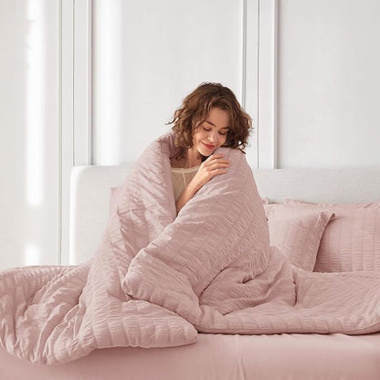 MUXHOMO 7 Pieces King Comforter Set, Seersucker Bed in a Bag King Size, All Season Luxury Bedding Set with Comforter, Flat Sheet, Fitted Sheet, Pillowcases & Shams, Rose Gold