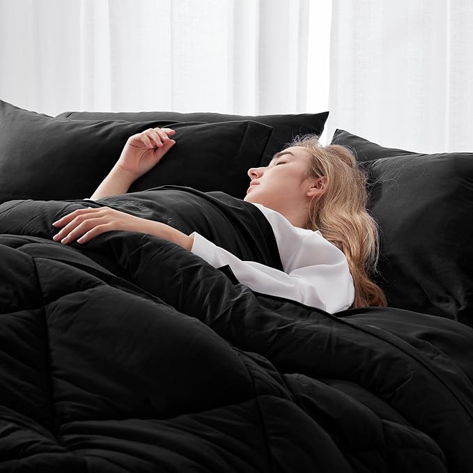 Newspin California King Comforter Set Black - Bed in a Bag California King Size 8 Pieces, All Season Bed Set, Fluffy Comforter Set with Sheets, Sheet Set Quilt Blanket, Pillowcases & Shams & Bed Skirt