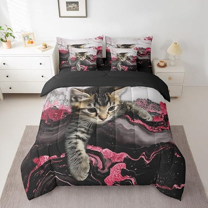 Erosebridal Cute Cat Bed in A Bag Watercolor Marble Print Bedding Set Full, Marbling Abstract Cartoon Animal 7 Pieces Comforter Sets with Sheets Burgundy Watercolor Marbling Bed Set 7 Pieces