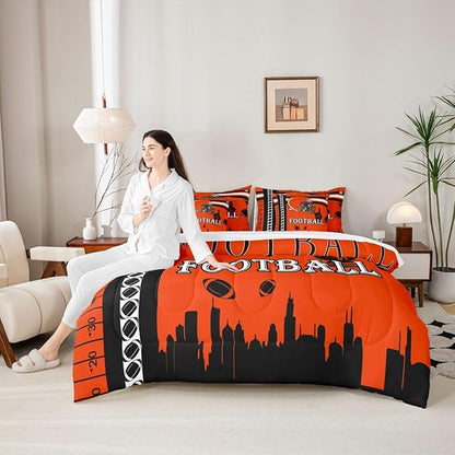 Feelyou Football 7 Pieces Comforter Sets Rugby Sports Bedding Set for All Season Twin Size Football City Bed in a Bag with Comforter, Sheets, Pillowcases & Cushion Cover