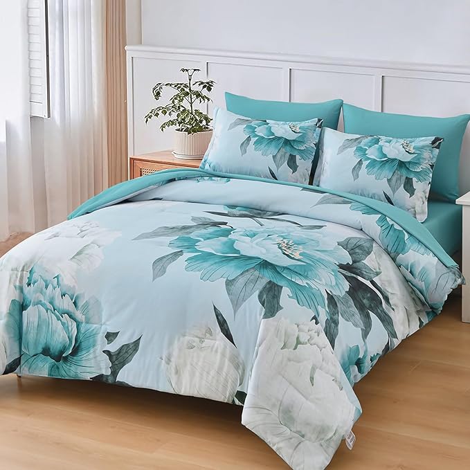 Dobuyly Floral Comforter Set Full Size 7 Piece Bed in a Bag, Aqua Flowers Printed on Light Blue Comforter Set with Sheets, Soft Microfiber Botanical Complete Bedding Set for All Season