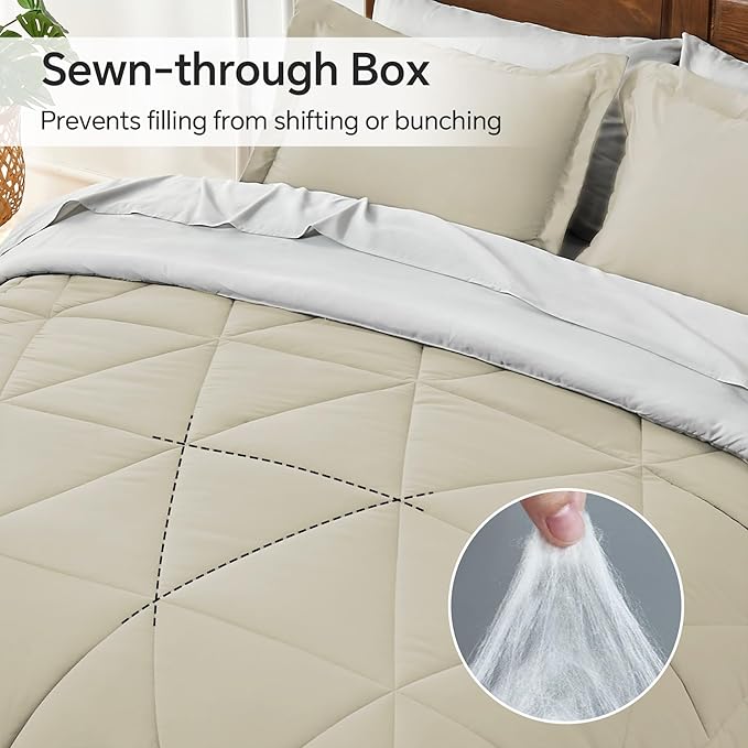 BEDELITE King Size Comforter Set 7 Pieces Bed in A Bag - Soft Microfiber Reversible Oatmeal Bed Set with Comforters, Sheets, Pillowcases & Shams, Cozy Luxury Bedding Sets for All Season
