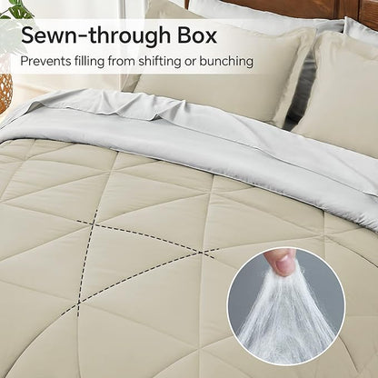 BEDELITE Queen Comforter Set 7 Pieces Bed in A Bag - Soft Microfiber Reversible Oatmeal Bed Set with Comforters, Sheets, Pillowcases & Shams, Cozy Luxury Bedding Sets for All Season
