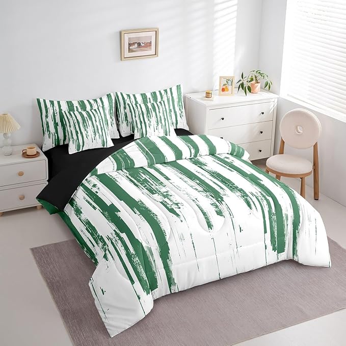 Erosebridal 7Pcs Sage Green Striped Comforter Set Queen,Turquoise Geometric Abstract Bed in A Bag,Art Ink Painting Bedding with Bed Sheets,Contemporary Watercolor Graffiti Boho Quilt with Pillowcases
