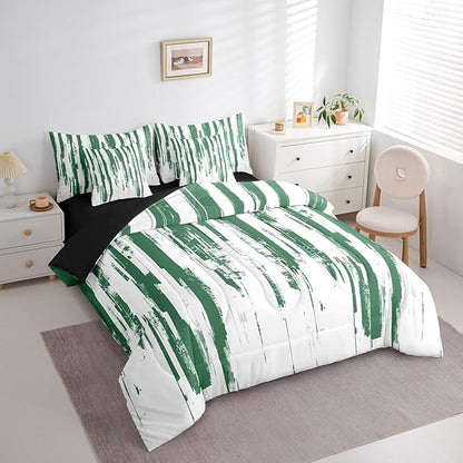 Erosebridal 7Pcs Sage Green Striped Comforter Set Full,Turquoise Geometric Abstract Bed in A Bag,Art Ink Painting Bedding with Bed Sheets,Contemporary Watercolor Graffiti Boho Quilt with Pillowcases