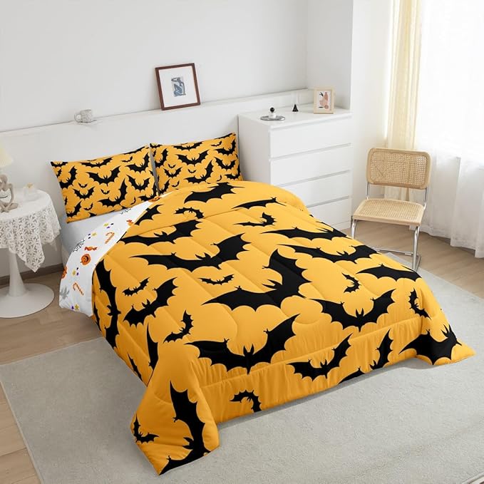 Erosebridal Halloween Bat Bedding Set Full Size Gothic Orange Bat Comforter Set Spooky Goth Animal Bed Sets Horror Halloween Duvet Quilt Sets for Kids Teens Adults