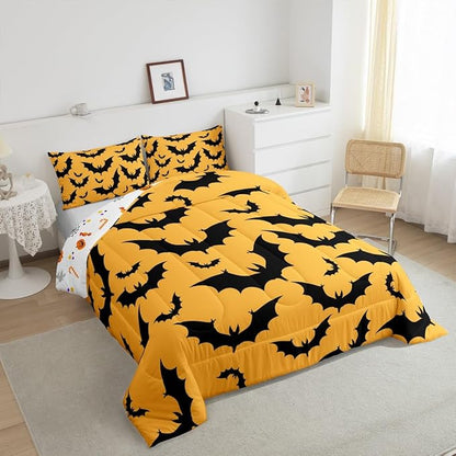 Erosebridal Halloween Bat King Bedding Set Gothic Orange Bat Comforter Set Spooky Goth Animal Bed Collections Horror Halloween Duvet Quilt Sets for Kids Teens Adults