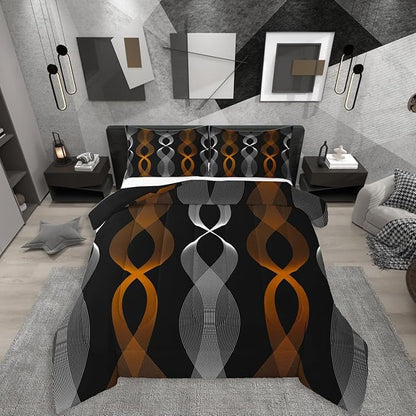 Erosebridal Orange and Black Bedding Set Twin, Orange Striped Abstract Comforter Set, Geometric Stripes Artistic Line Comforter for Women Men Teens Bedroom, Contemporary Boho Modern Art Quilt