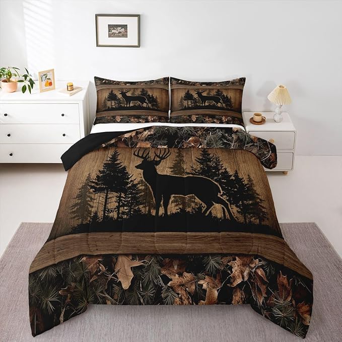 Erosebridal Farmhouse Deer Toddler Comforter Set Camo Woodland Hunting Bedding Set Rustic Cabin Comforter for Boys Teen Men,Wildlife Animal Print Quilt Duvet