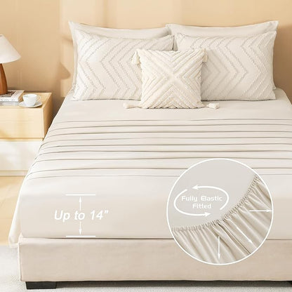 Litanika California King Comforter Set with Sheets Beige - 7 Pieces Bed in a Bag Cal King Cream Boho Tufted Complete Bedding Sets with Comforter, Sheets, Pillowcases & Shams