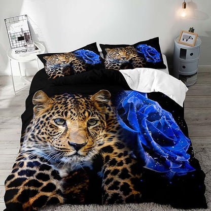 LUVIVIHOME 3PCS Leopard Duvet Cover Full Bedding Set, Floral Duvet Cover, Royal Blue Rose Flower Cheetah Wild Animal Black Comforter Bedspread Quilt Cover, Romantic Gifts for Him Men, 2 Pillow Shams