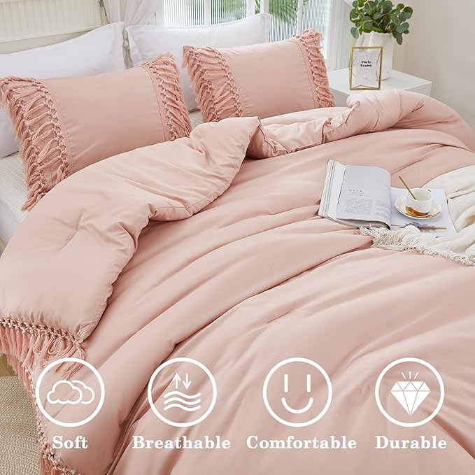 Andency Pink Comforter Set California King, 3 Pieces Boho Tassel Lightweight Soft Bedding Comforter Sets for King Bed, All Season Fluffy Fringe Bed Set (104x96In Comforter & 2 Pillowcases)