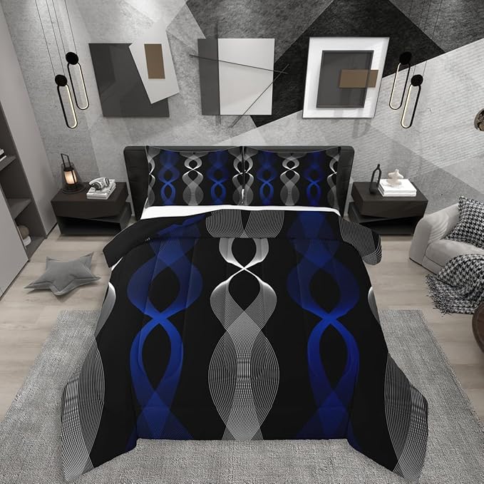 Erosebridal Blue Black Abstract Bedding Set King for Boys, Blue Striped Comforter Set, Ombre Geometric Stripes Quilt for Men Adults Bedroom, Modern Aesthetic Art Wavy Lines Boho Comforter