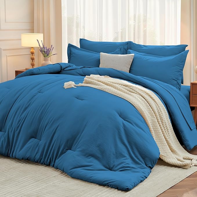 MUXHOMO 5 Pieces Twin Comforter Set, Soft Bed in a Bag Twin Size, All Season Bedding Set with Comforter, Flat Sheet, Fitted Sheet, Pillowcases & Shams, Bluish Green