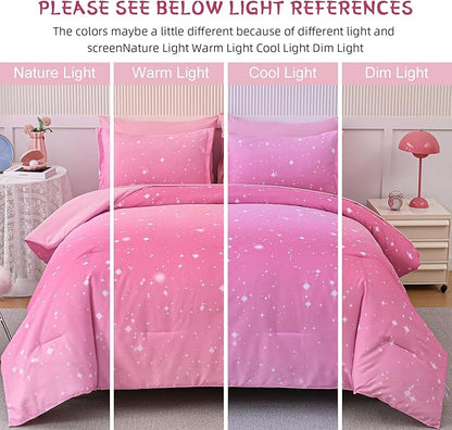 Drucon Pink Glitter Comforter Set Queen Size for Teen Girls, Ombre Galaxy Bedding Set 7 Pieces Bed in A Bag (1 Comforter, 1 Flat Sheet, 1 Fitted Sheet, 2 Pillow Shams, 2 Pillowcases)