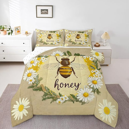 Erosebridal Kawaii Honey Bee Bedding Set Twin Cute Geometric Honeycomb Comforter Set Farm Rustic Daisy Floral Comforter for Kids Girls Teen Women,Soft Lightweight Quilt Duvet with 1 Pillow Case