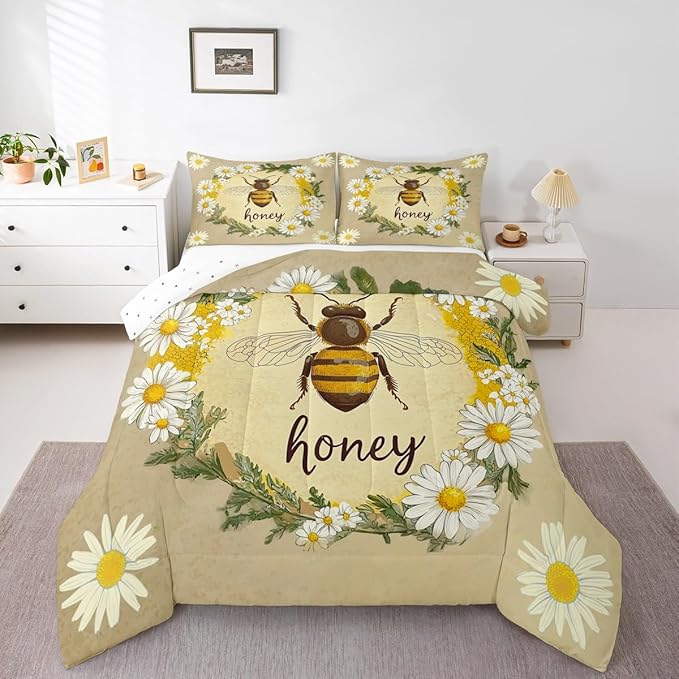 Erosebridal Kawaii Honey Bee Bedding Set Full Cute Geometric Honeycomb Comforter Set Farm Rustic Daisy Floral Comforter for Kids Girls Teen Women,Soft Lightweight Quilt Duvet with 2 Pillow Cases
