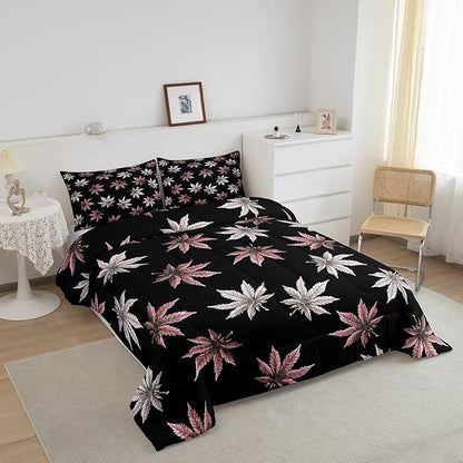 Erosebridal Pink Leaves Comforter Set King, Leaves Bedding for Kids Boys Girls,Tropical Botanical Bedding Comforter Sets,Exotic Plant Down Comforter,Luxury Soft